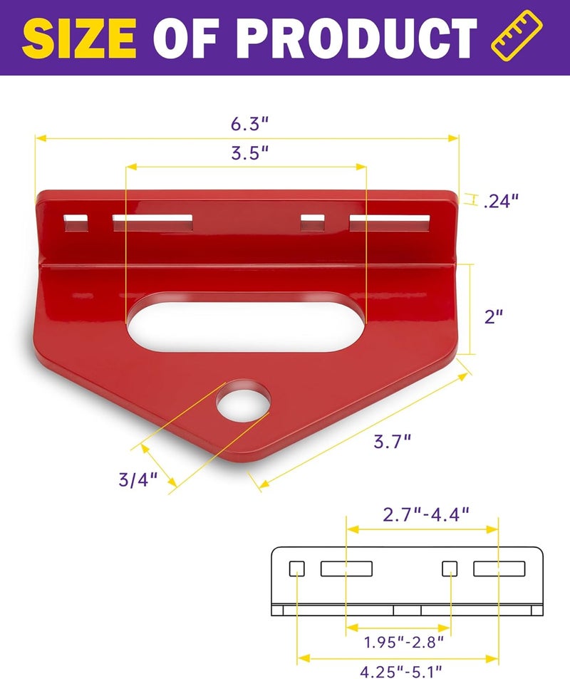 HOWBOW Zero Turn Mower Tow Hitch, 1/4"(6mm) Thick Heavy Duty Steel Universal Lawn Trailer Hitch 2"-5.1" Hole Center, Versatile Chain Slot Rugged Steel with Carriage Bolt Hardware Red - Image 5